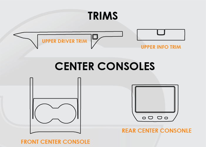 2025-2026 GMC Yukon Elevation XL AT4 Screen ProTech Kit Upper Driver Trim, Upper Info Trim, Front Center Console and Rear Center Console. Keeps your screens clearer by resisting scratches and minimizing fingerprints and smudges.