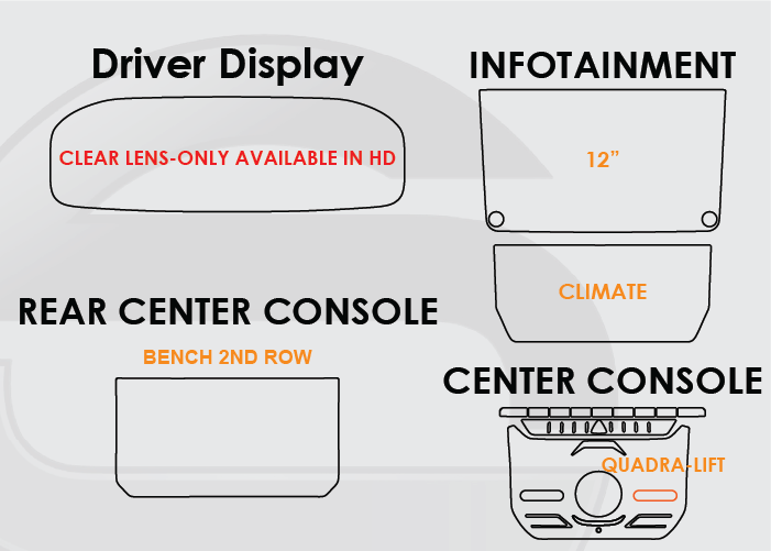 2022-2026 Grand Wagoneer Screen ProTech Kit Driver Display Infotainment Climate Bench Row Rear Center Console Center Console. Enhances screen clarity by resisting scratches and reducing fingerprint smears.