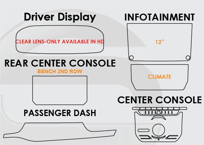2022-2026 Grand Wagoneer Screen ProTech Kit Driver Display Infotainment Climate Bench Row Rear Center Console Center Console Passenger Dash. Protects against everyday scratches and reduces fingerprint buildup on screens.
