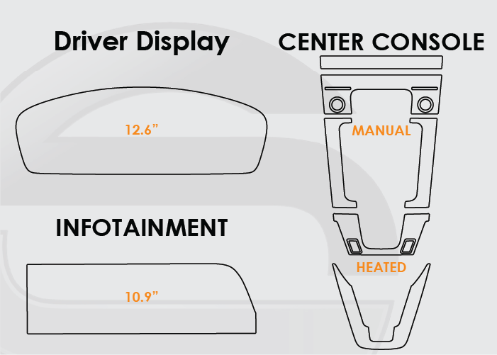 Diagram of Porsche 911 Screen ProTech Kit with 12.6" Digital Driver Display 10.9" Infotainment and Manual Center Console Heated Seats
