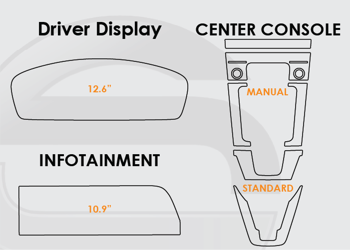 Diagram of Porsche 911 Screen ProTech Kit with 12.6" Digital Driver Display 10.9" Infotainment and Manual Center Console No Temp Buttons