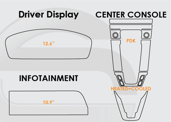 Diagram of 2025 Porsche 911 Screen ProTech Kit with 12.6" Digital Driver Display 10.9" Infotainment and PDK Center Console Heated and Cooled Seats