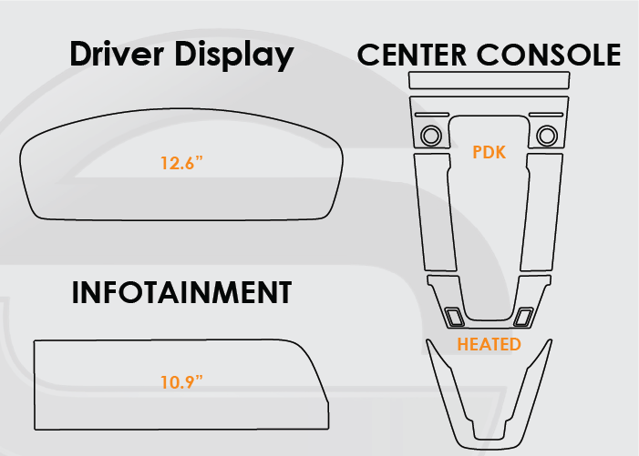 Diagram of 2025 Porsche 911 Screen ProTech Kit with 12.6" Digital Driver Display 10.9" Infotainment and PDK Center Console Heated Seats