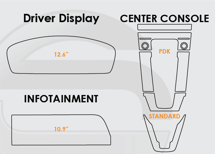 Diagram of 2025 Porsche 911 Screen ProTech Kit with 12.6" Digital Driver Display 10.9" Infotainment and PDK Center Console