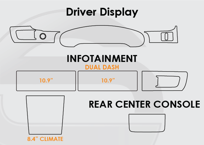 2020-2026 Porsche Taycan Screen ProTech Kit Driver Display Driver Trim Infotainment Dual Screen Climate Rear Center Console. Designed to resist scratching and lessen fingerprint marks on your screens.