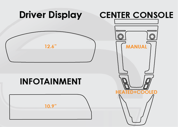 Diagram of Porsche 911 Screen ProTech Kit with 12.6" Digital Driver Display 10.9" Infotainment and Manual Center Console Heated and Cooled Seats