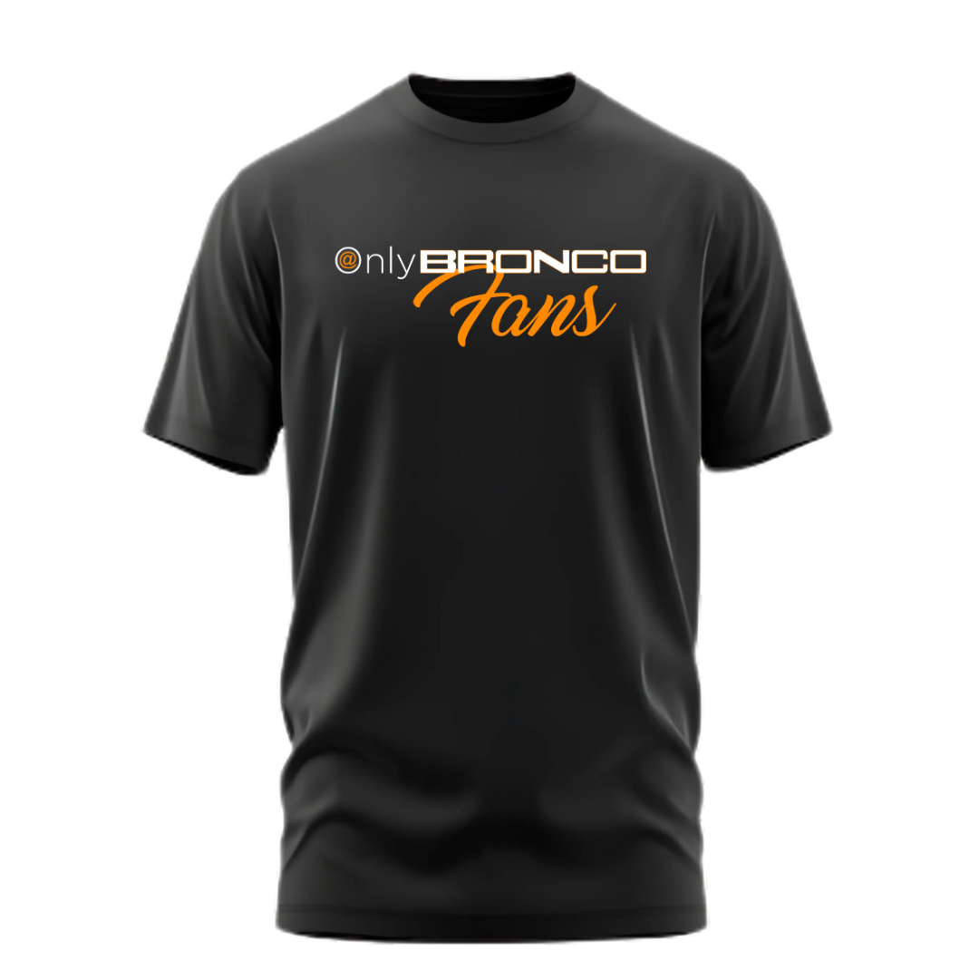 image of a black short sleeve shirt showing screen print only bronco fans in orange and white lettering.