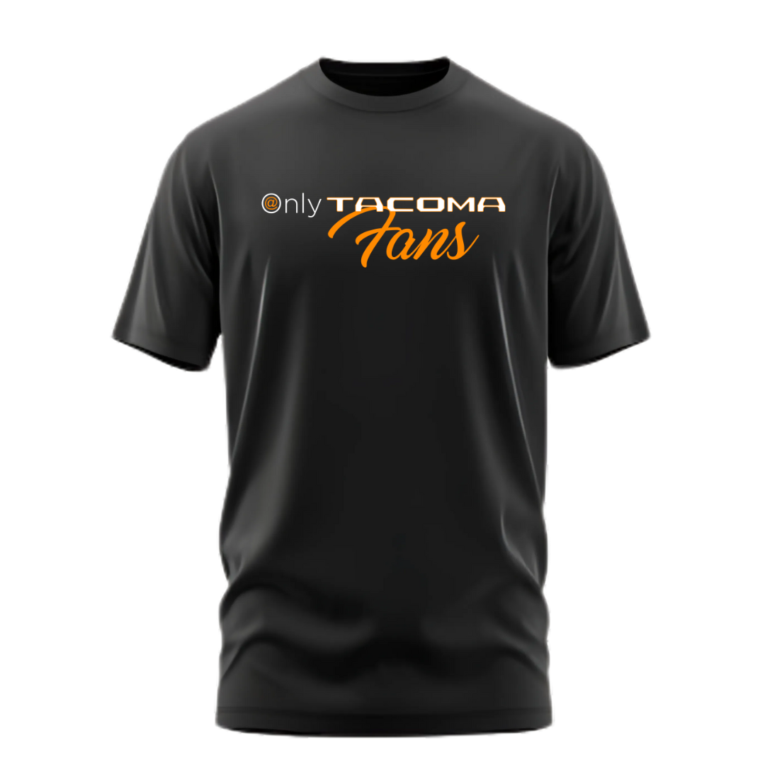 image of short sleeve black shirt with orange and white letterings screen printed on the chest spelling only tacoma fans.