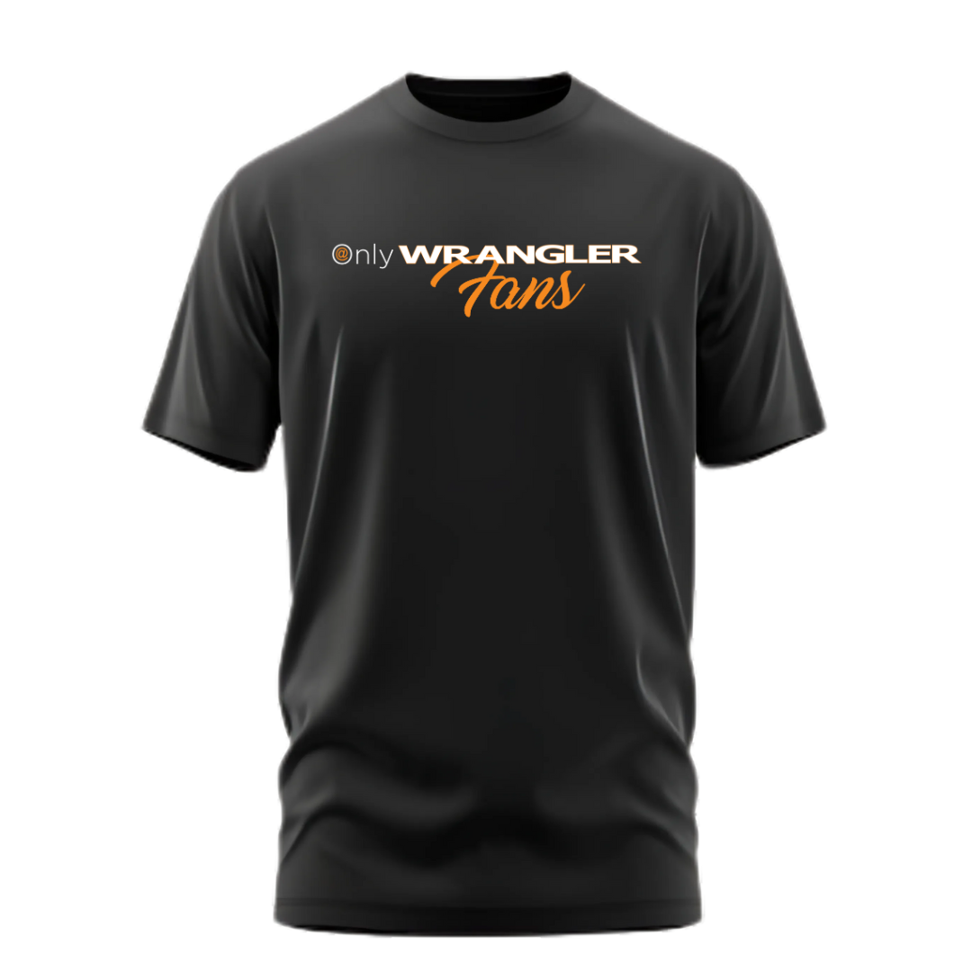 image showing a short sleeve black shirt with screen print lettering in white and orange letters only wrangler fans.